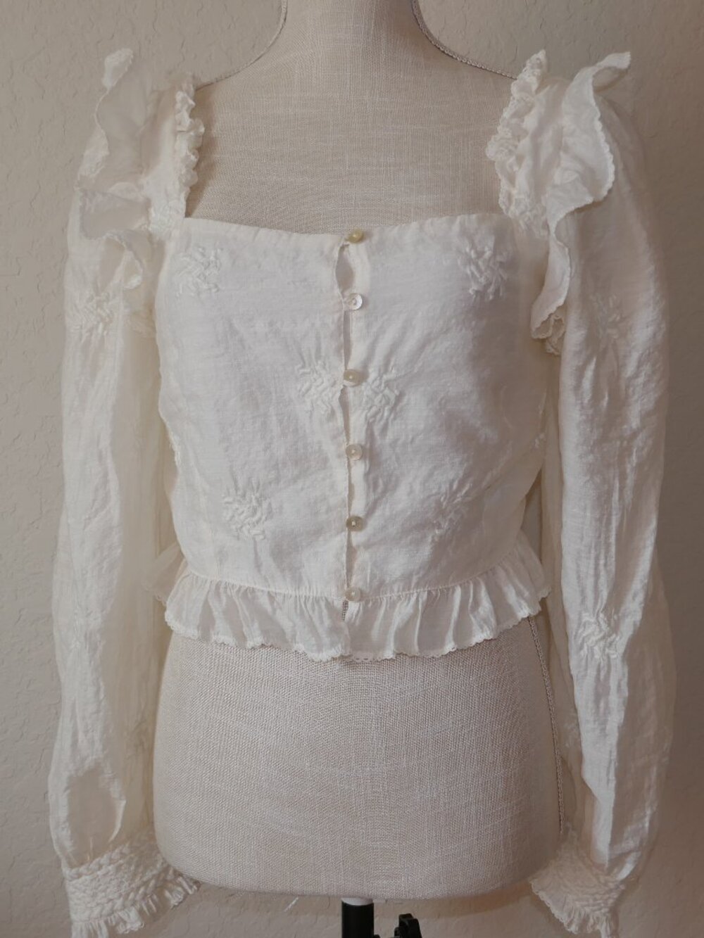 Free People Modern Love Blouse Top in Ivory Ruffles Embroidery Sheer XS